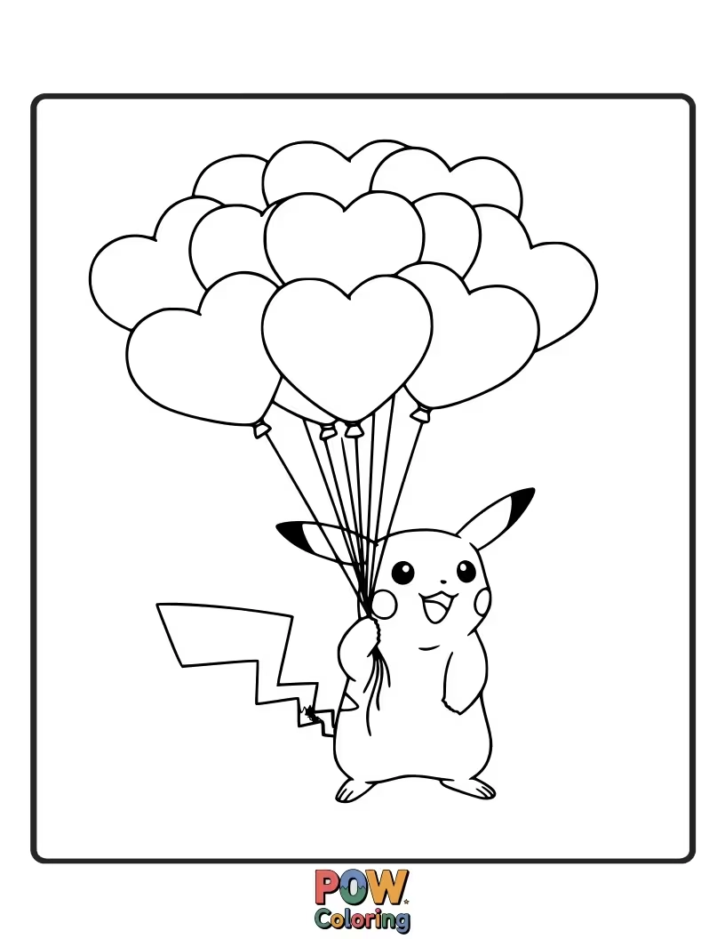 Free coloring page of Pikachu holding a bouquet of heart-shaped balloons.