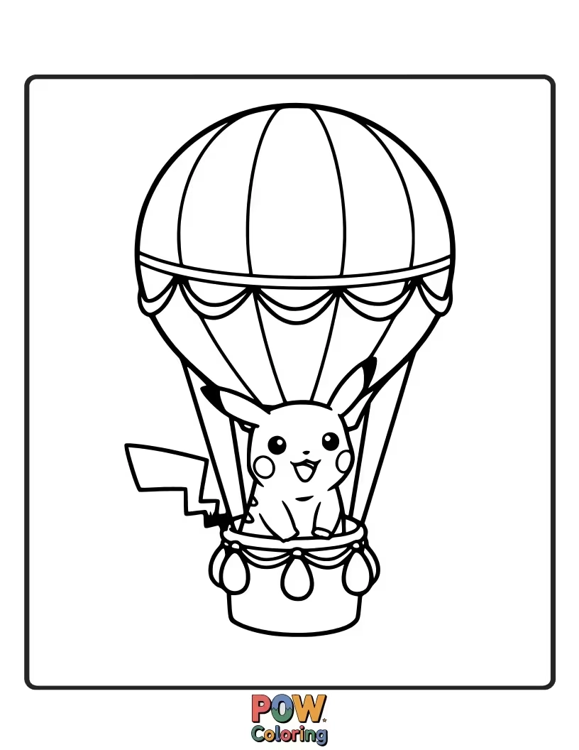 Free coloring page of Pikachu peeking out of a colorful hot air balloon basket.