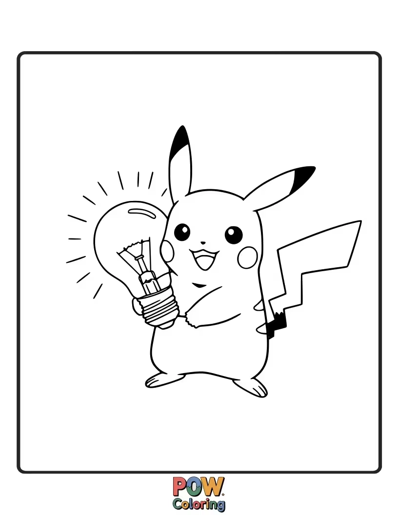 Free coloring page of Pikachu with a light bulb above its head, having a great idea.