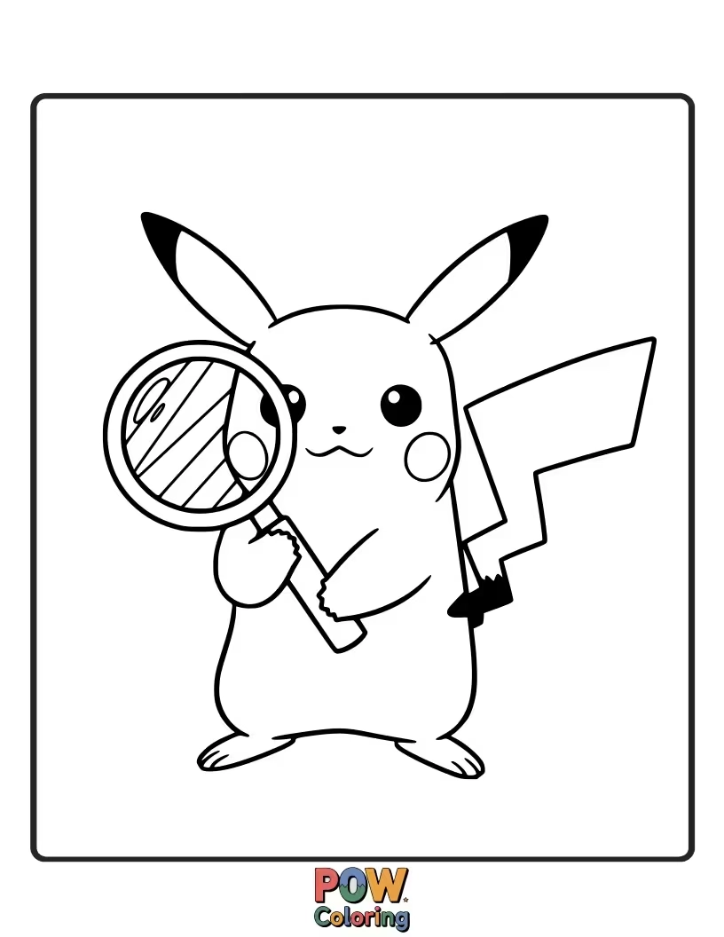 Free coloring page of Pikachu as a detective, examining something with a magnifying glass.