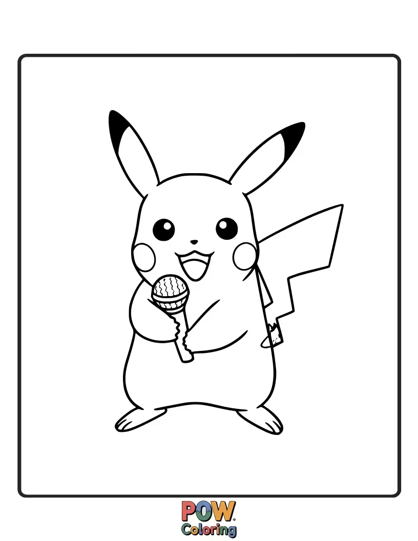 Free coloring page of Pikachu singing into a microphone, as if performing on stage.
