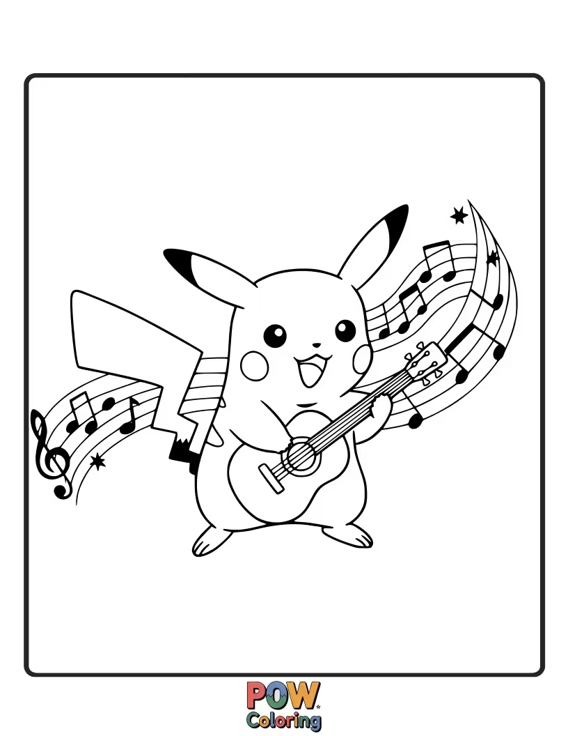 Free coloring page of Pikachu surrounded by floating music notes.