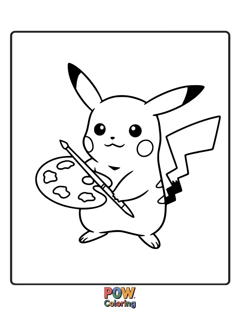 Free coloring page of Pikachu holding a paint palette and brush.