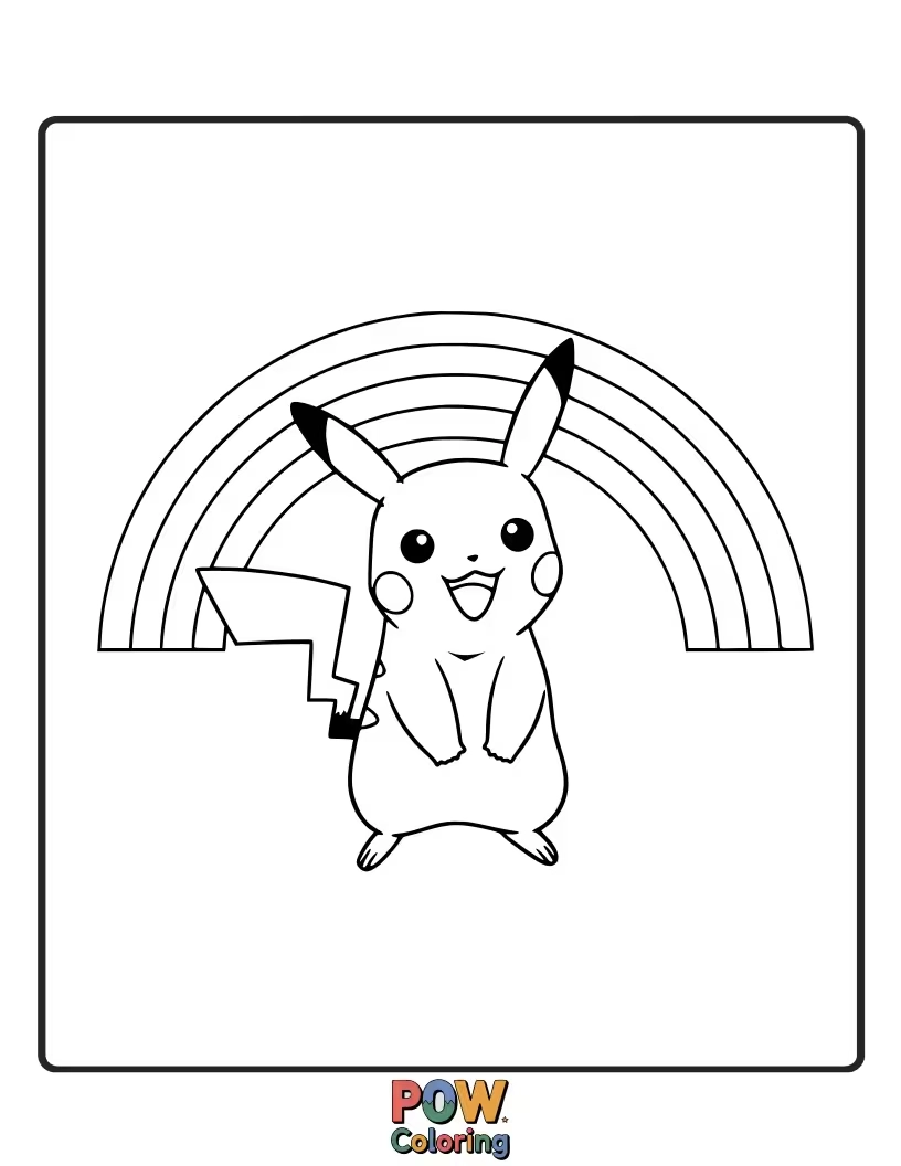Free coloring page of Pikachu admiring a beautiful rainbow arching across the sky.