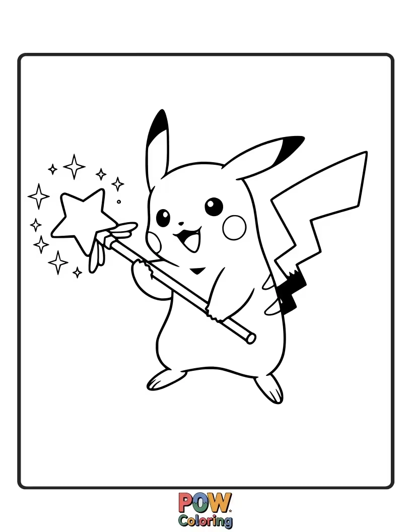 Free coloring page of Pikachu holding a magic wand with a star at the tip.