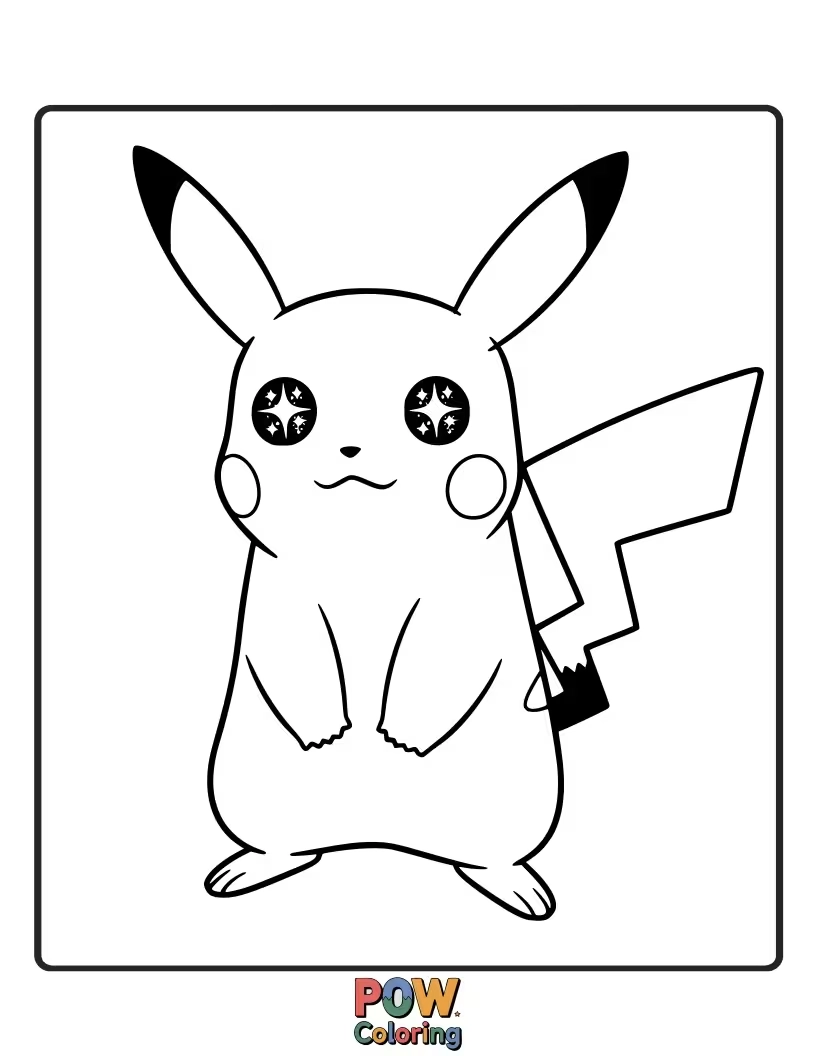 Free coloring page of Pikachu with wide, sparkling eyes shaped like stars.