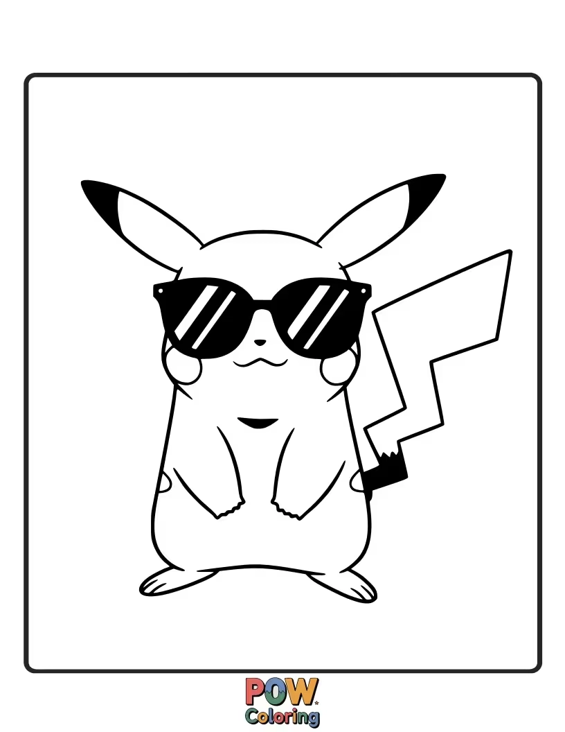 Free coloring page of Pikachu looking cool with trendy sunglasses on.