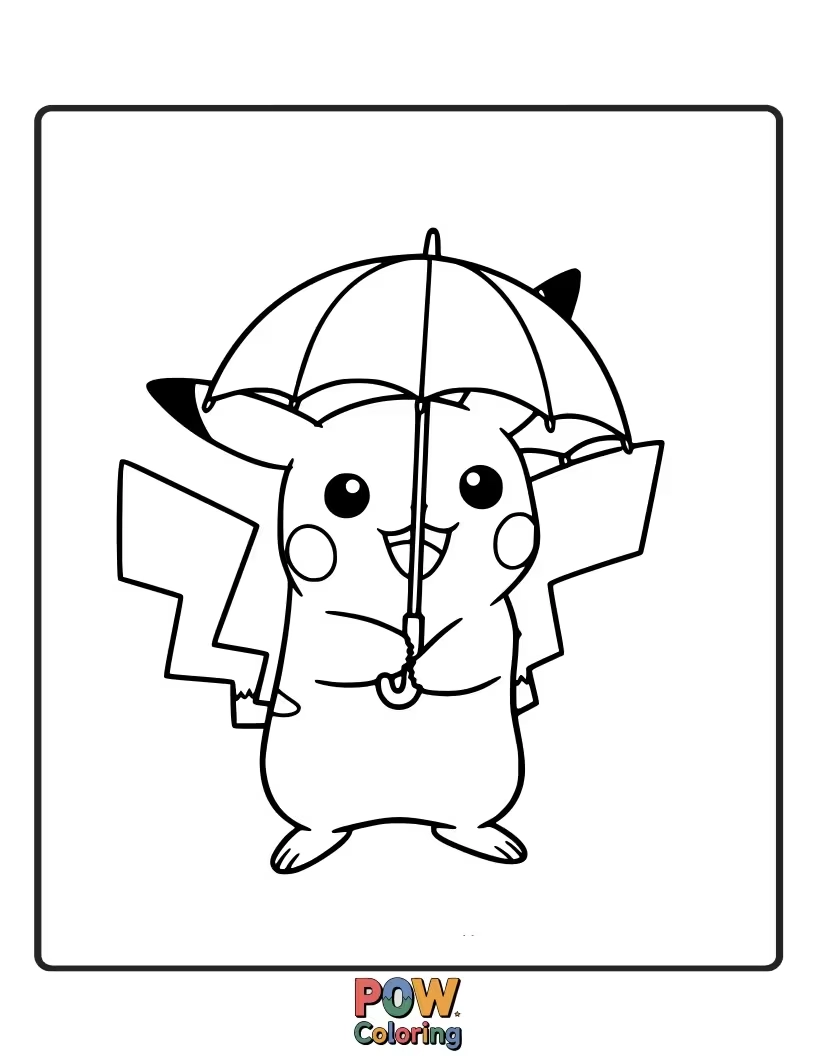 Free coloring page of Pikachu holding a cute, patterned umbrella.