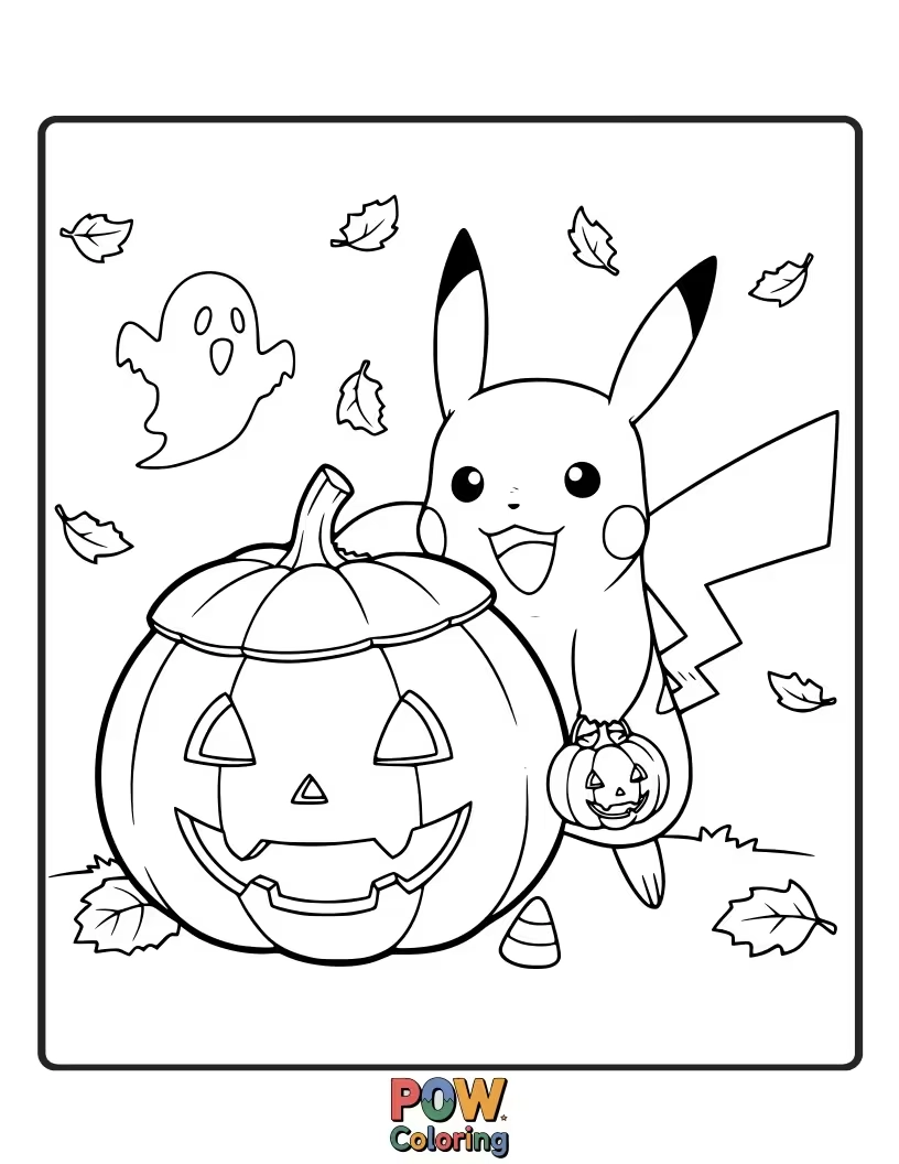 Free coloring page of Pikachu has carved his own face into a giant pumpkin, giving it a shocked and silly expression.