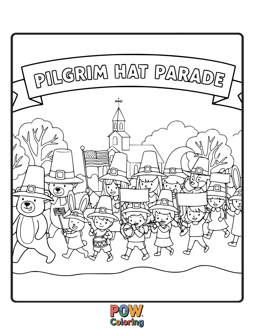 Free coloring page of A line of adorable little pilgrims, each with a unique design on their hats, march happily. A simple, sweet tradition.