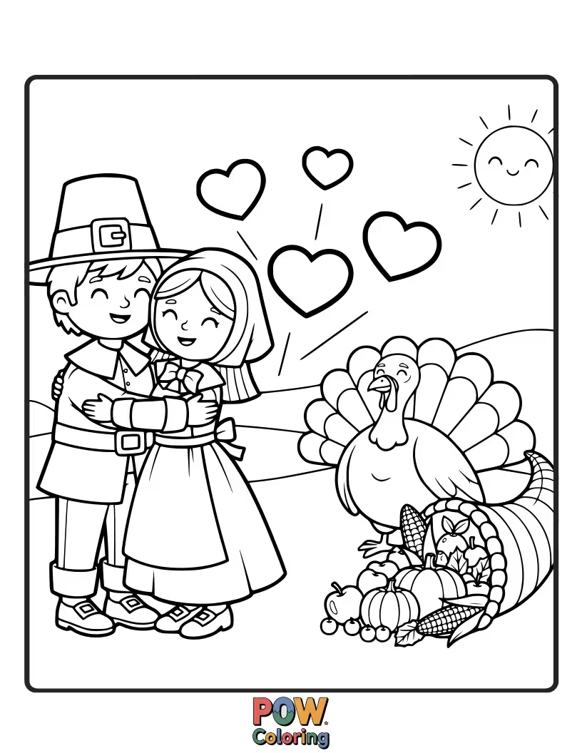 Free coloring page of Two sweet pilgrim children sharing a warm hug, with tiny hearts floating around them. Love and thankfulness.