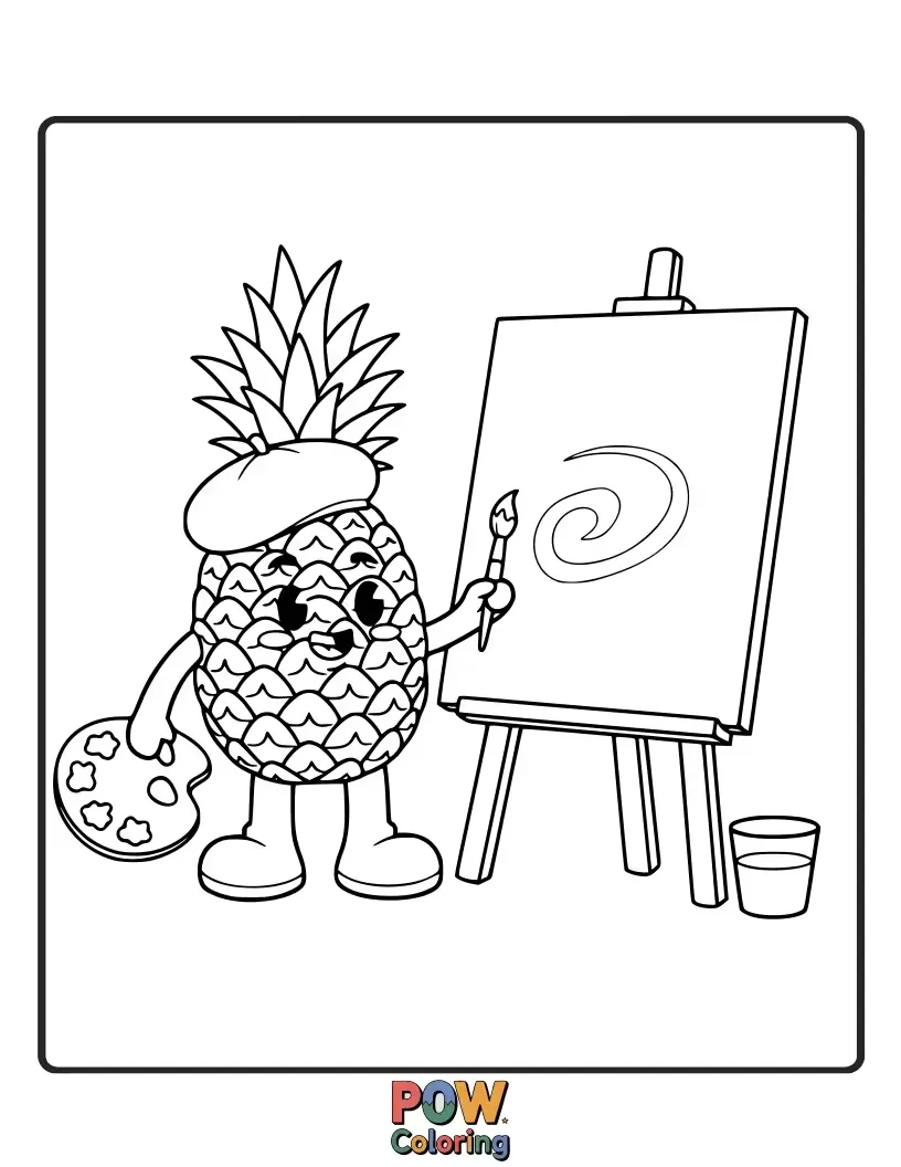 Free coloring page of A focused pineapple with paint splatters, creating a colorful masterpiece on a canvas. Unleash your inner artist!