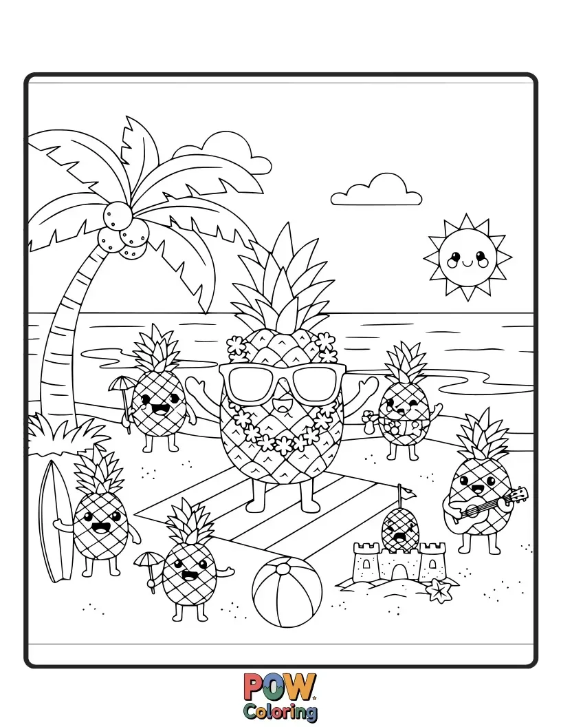 Free coloring page of A group of happy pineapples wearing sunglasses and leis, dancing on a sunny beach. Get ready for a tropical fiesta!