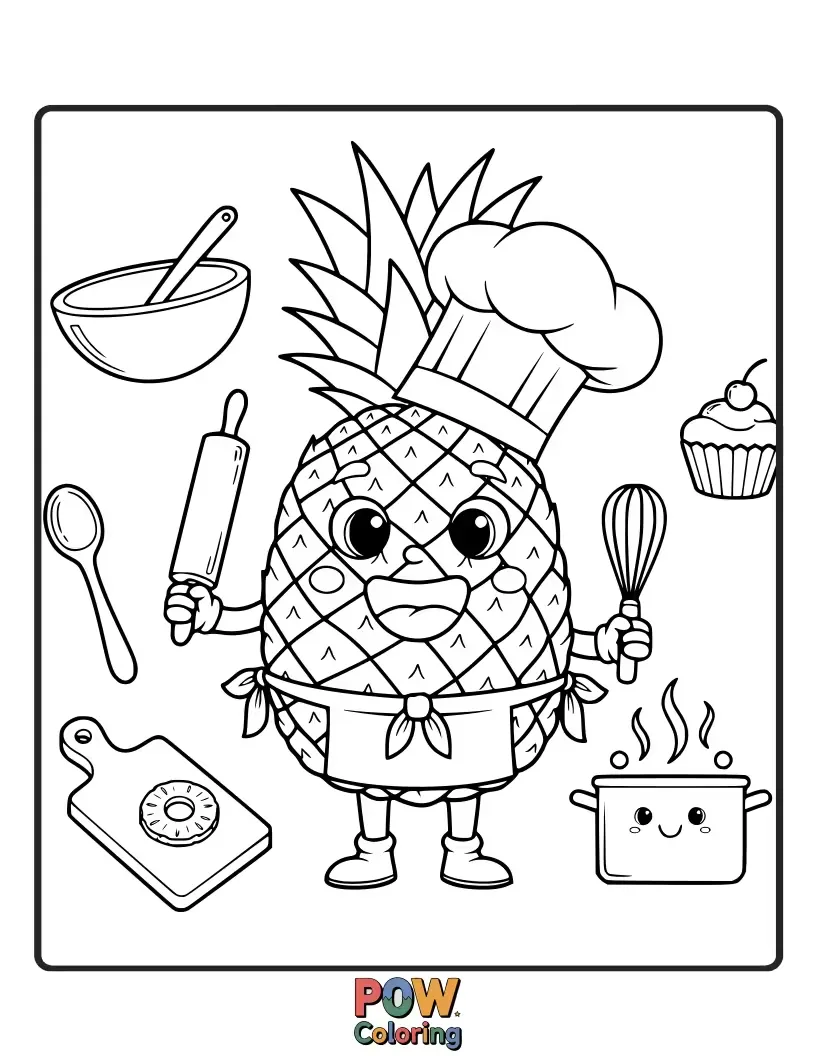 Free coloring page of A pineapple wearing a chef's hat, whipping up delicious tropical treats in a whimsical kitchen. A culinary masterpiece awaits!
