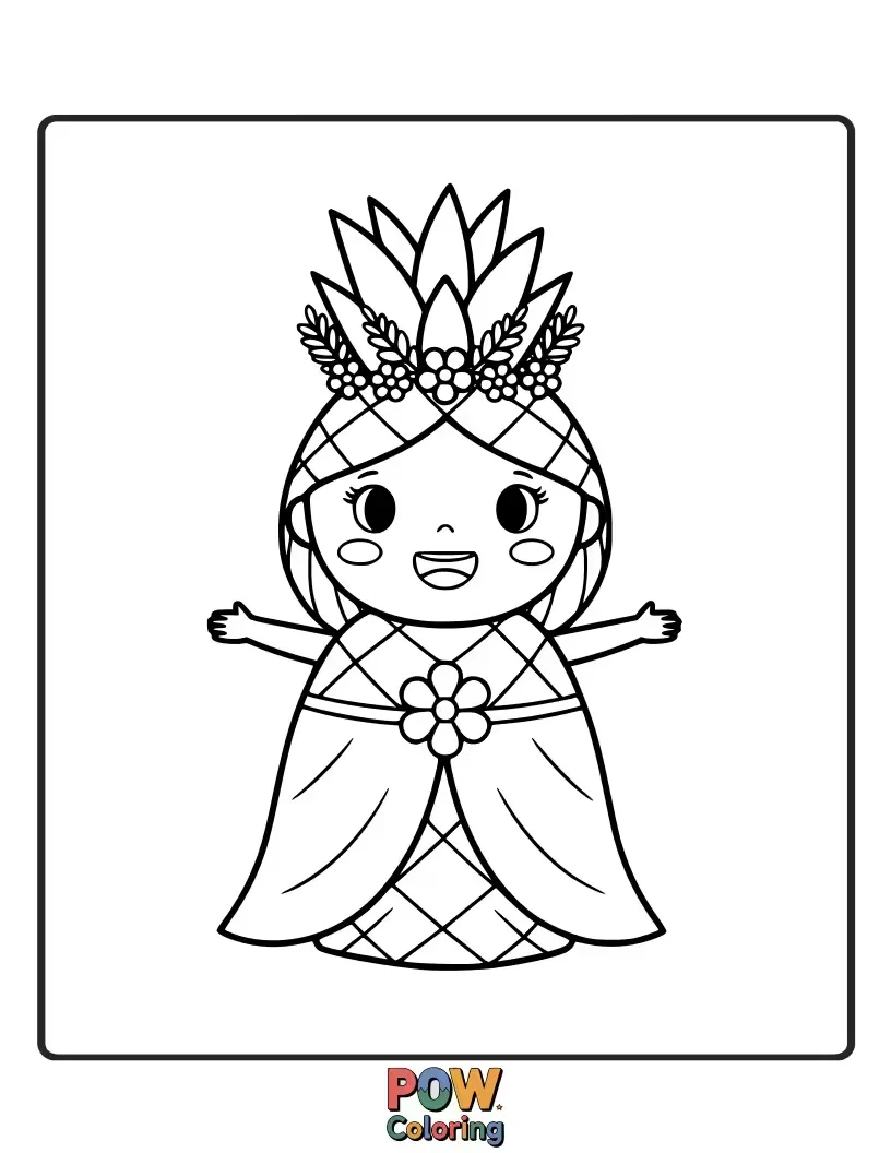 Free coloring page of A regal pineapple adorned with a sparkling crown, ready to rule the tropical kingdom with sweetness and flair.