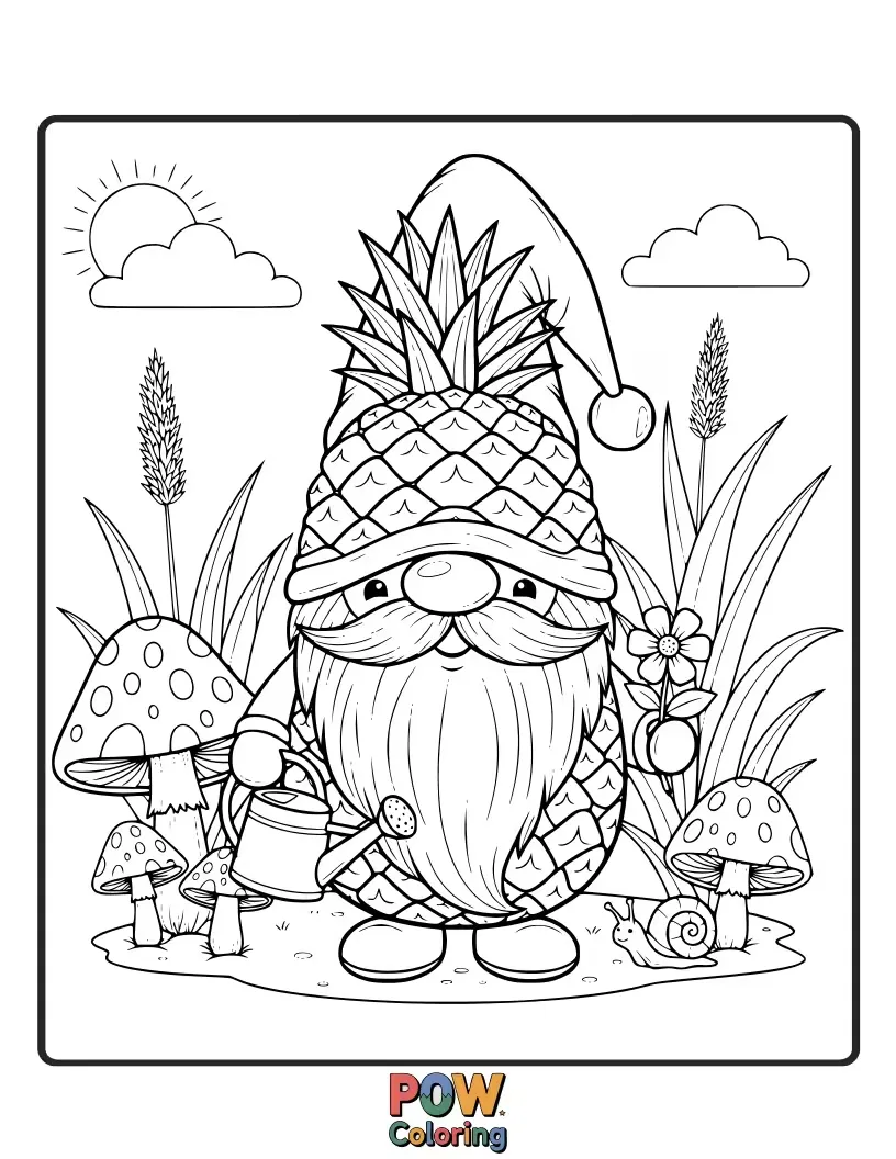 Free coloring page of A tiny, cheerful pineapple disguised as a garden gnome, peeking out from behind a flower. A delightful secret!