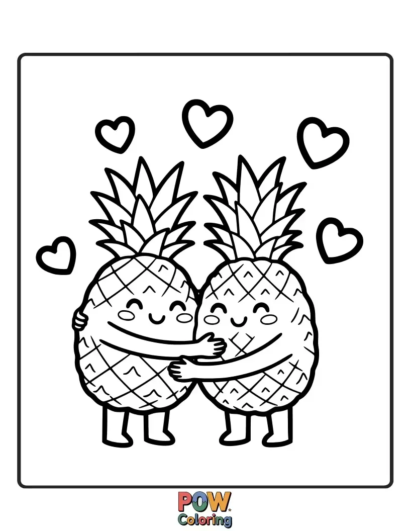 Free coloring page of Two adorable pineapples giving each other a warm, friendly hug, spreading tropical love.