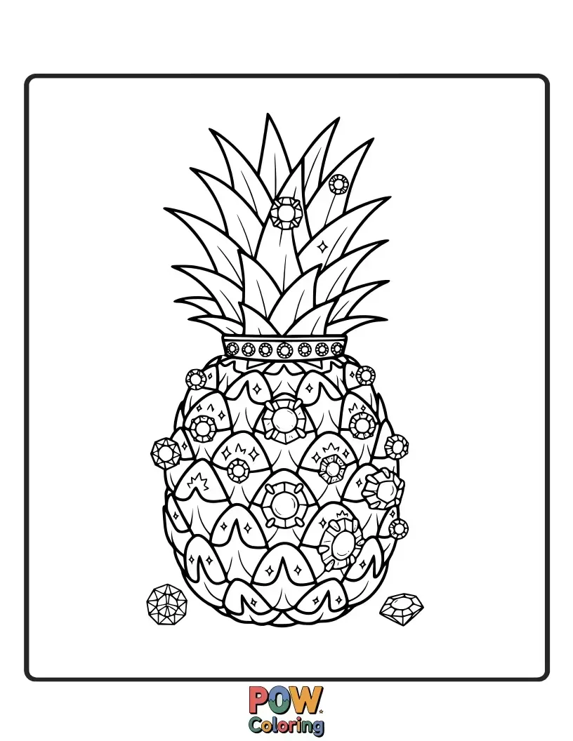 Free coloring page of A regal pineapple adorned with subtle, sparkling jewels and intricate leafy patterns.