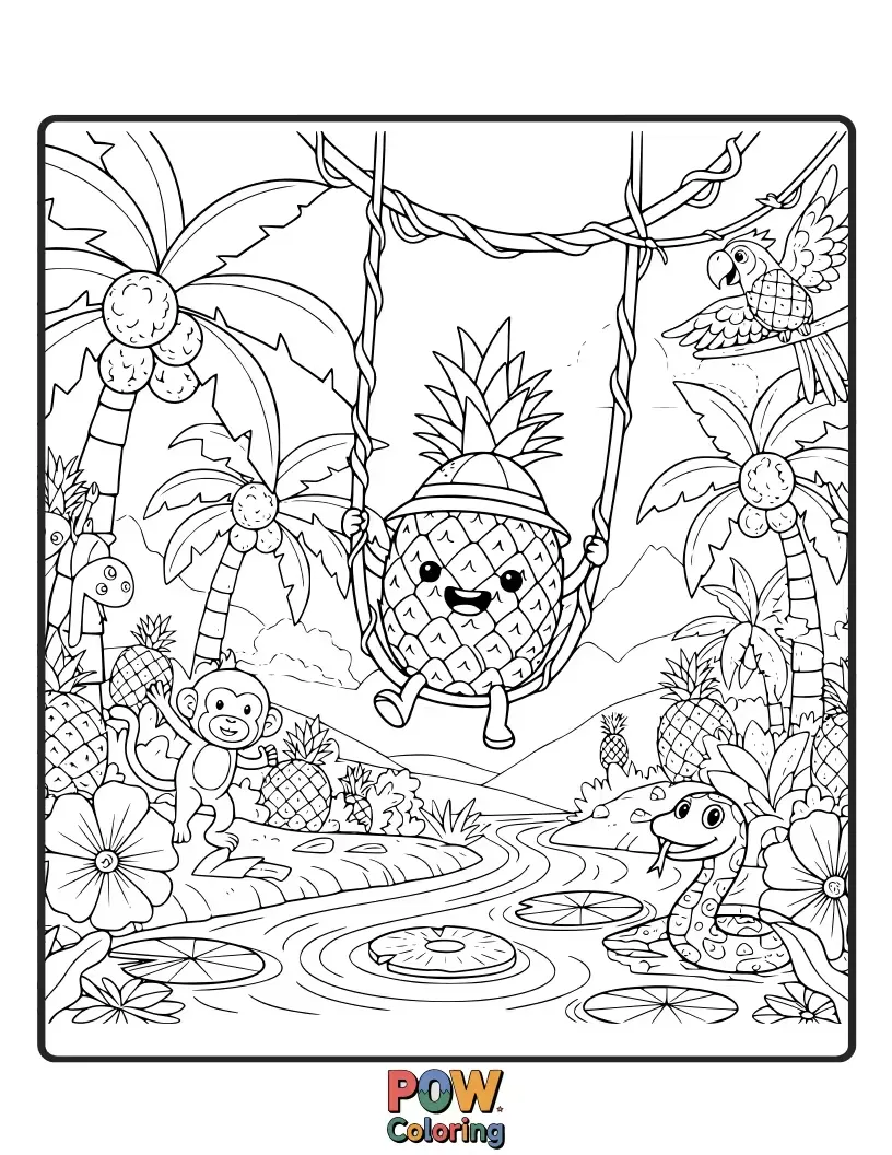 Free coloring page of A daring pineapple swinging from vines through a lush, vibrant jungle, encountering exotic plants and animals. Thrilling exploration!