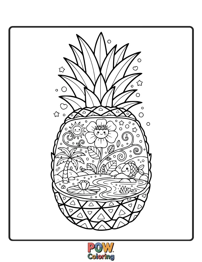 Free coloring page of An elegant pineapple surrounded by blooming hibiscus flowers and lush green palm leaves.