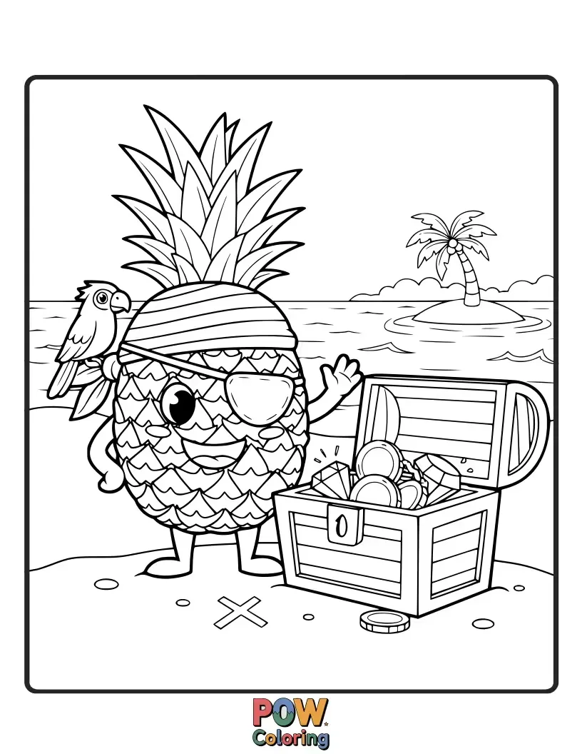 Free coloring page of A swashbuckling pineapple with an eye patch, searching for buried treasure on a tropical island. Ahoy, matey!