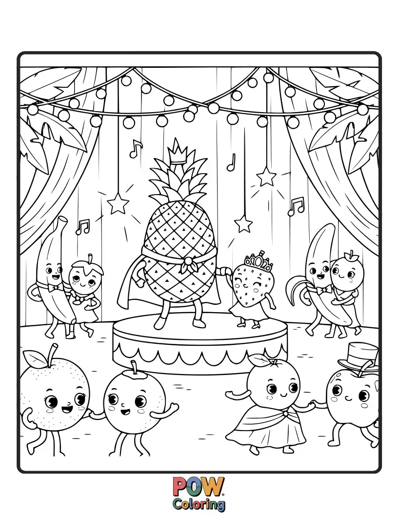 Free coloring page of A sophisticated pineapple in a tuxedo, dancing gracefully at a grand masquerade ball. Elegance and fun combined!