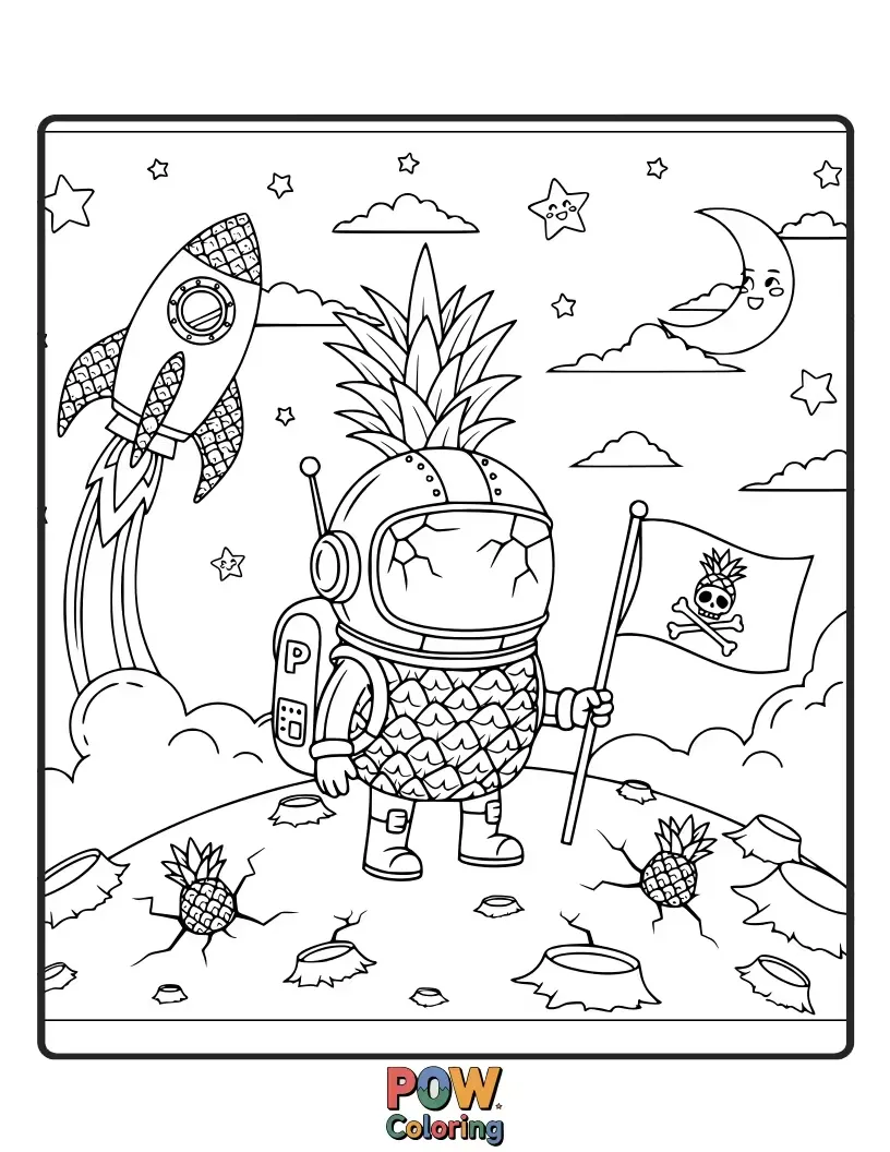 Free coloring page of A curious pineapple in a helmet, gazing at distant galaxies and nebulae. A cosmic journey of color awaits!