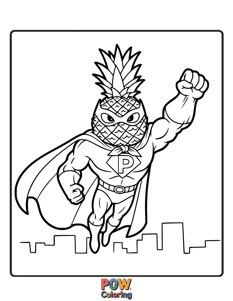 Free coloring page of A strong pineapple with a cape, ready to save the day with its zesty charm and sunny disposition.