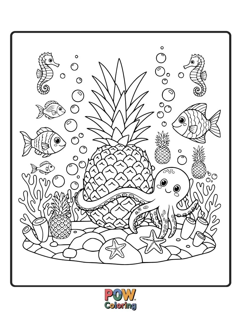 Free coloring page of A curious pineapple exploring a vibrant coral reef, swimming with friendly fish and colorful sea creatures. Dive into imagination!