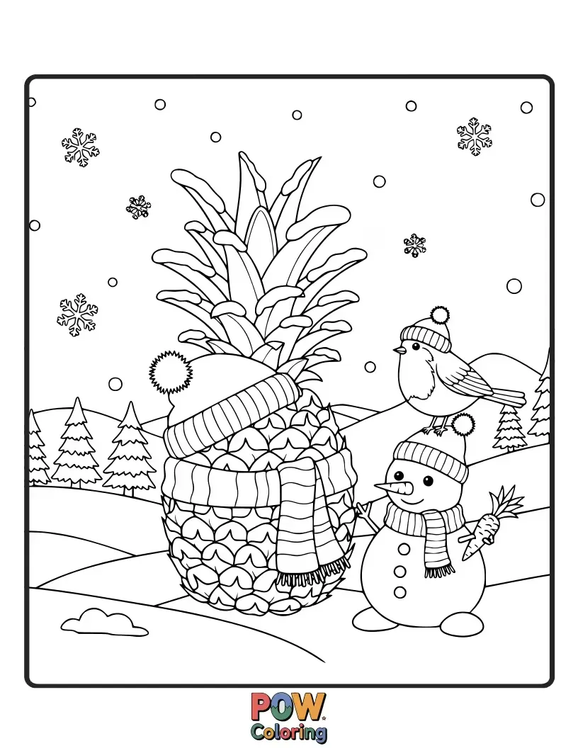Free coloring page of A surprisingly cheerful pineapple dressed in a scarf and hat, building a snowman in a snowy landscape. A frosty, fun scene!