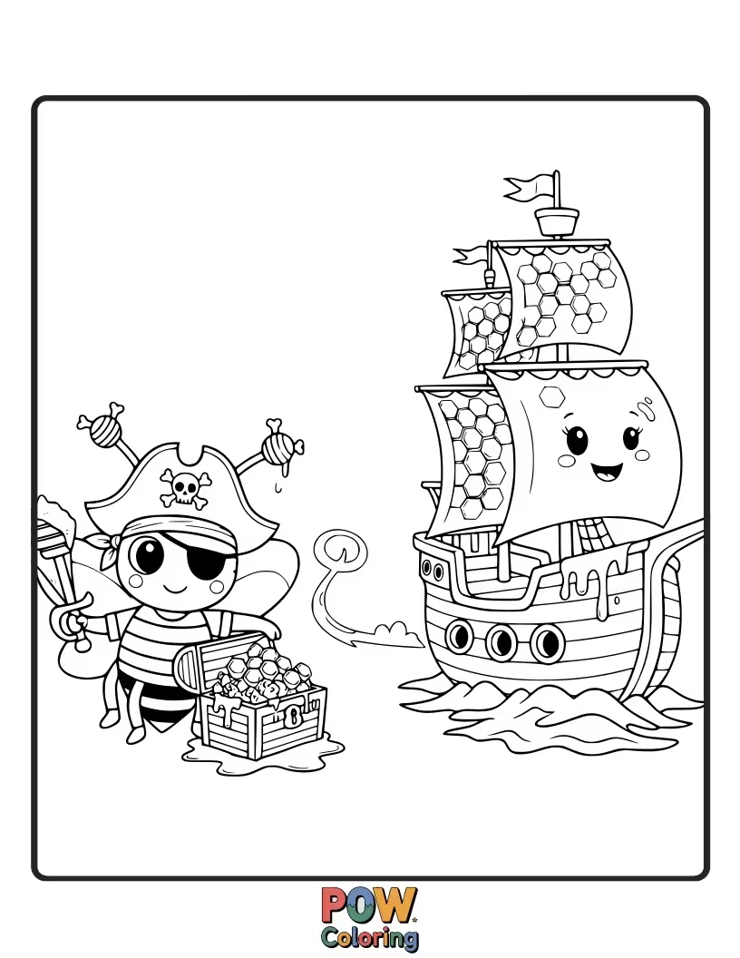 Free coloring page of A busy bee pirate collecting nectar, imagining it's the sweetest pirate treasure.