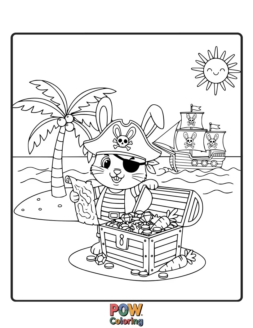 Free coloring page of A fluffy bunny pirate with a carrot as a sword, gleefully guarding a patch of clover.