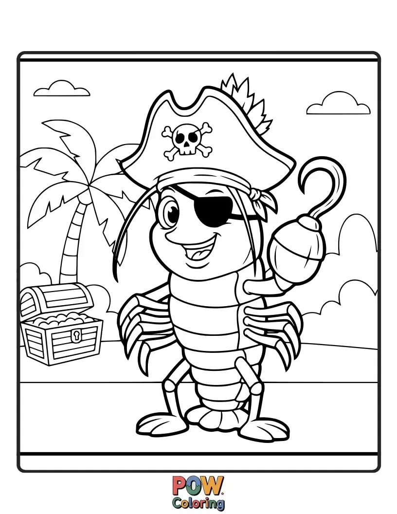 Free coloring page of A swashbuckling lobster with an eyepatch and a treasure map, ready to embark on a grand adventure.