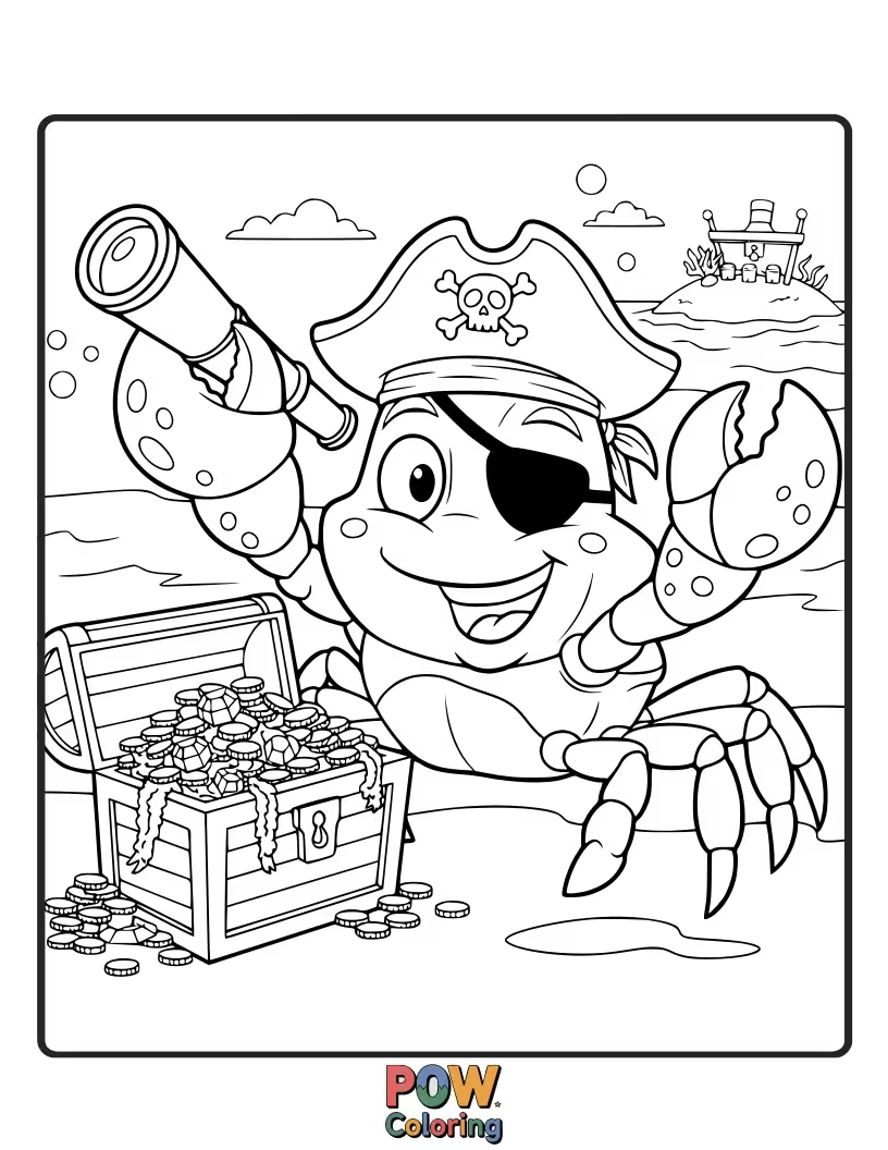 Free coloring page of A crab pirate proudly displaying two shiny gold coins in its pincers.