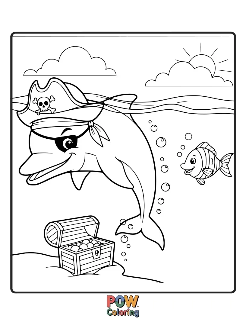 Free coloring page of A playful dolphin pirate leaping from the waves, wearing a bandana and a mischievous grin.