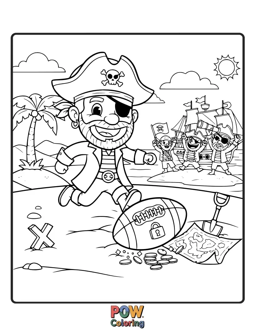 Free coloring page of A pirate captain with an eye patch and parrot, guarding a chest overflowing with footballs. Adventurous and fun.