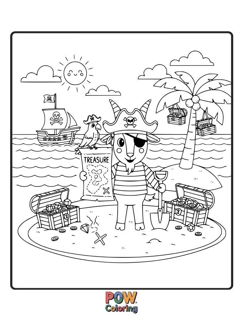 Free coloring page of A swashbuckling goat with an eye patch and bandana, digging for a treasure chest on a sandy island.