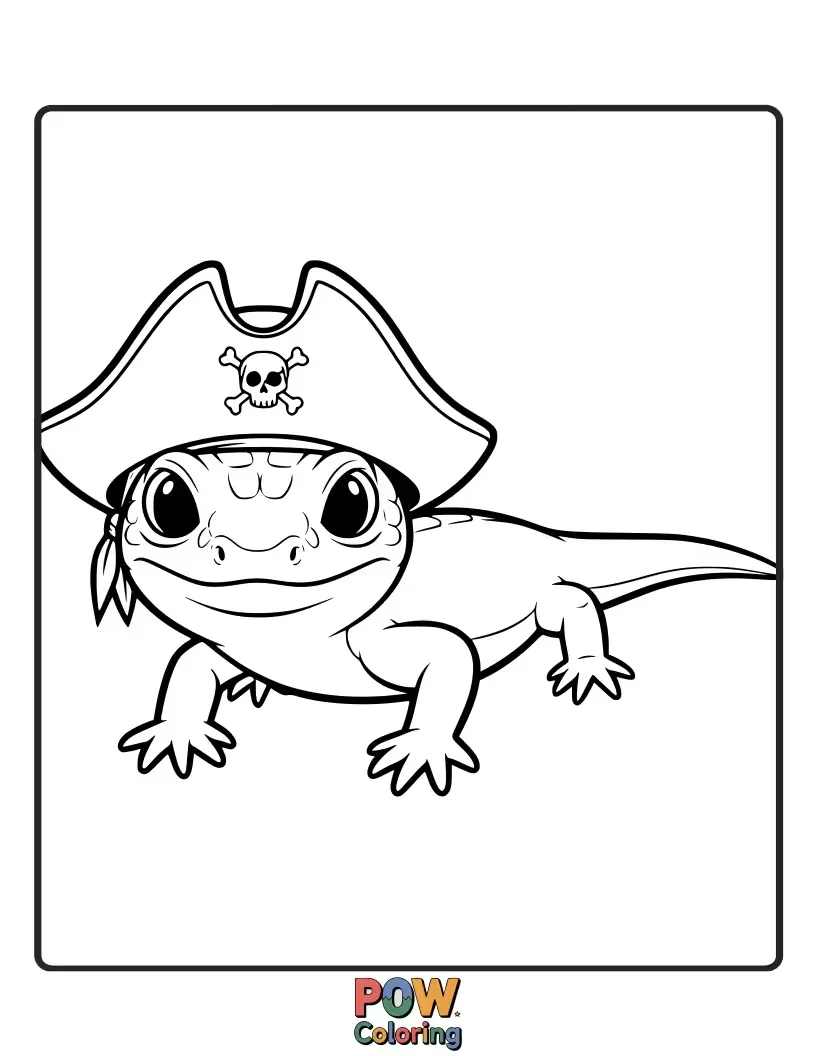 Free coloring page of A brave skink lizard wearing a pirate hat, with a parrot perched on its shoulder.