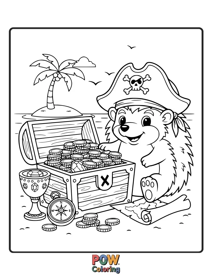 Free coloring page of A shy pirate hedgehog with prickly quills, hoarding shiny buttons like precious pirate gold.