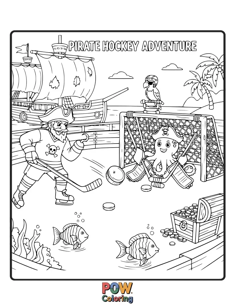 Free coloring page of A pirate captain and his crew, complete with eye patches and bandanas, battling for a treasure chest puck on an icy ocean. Swashbuckling sports!