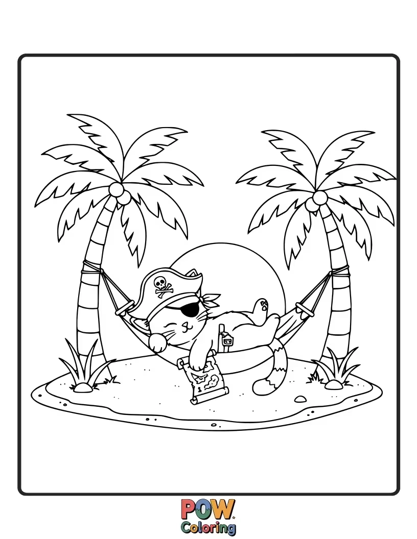 Free coloring page of A sleepy pirate cat curled up on a pile of gold coins, purring contentedly.