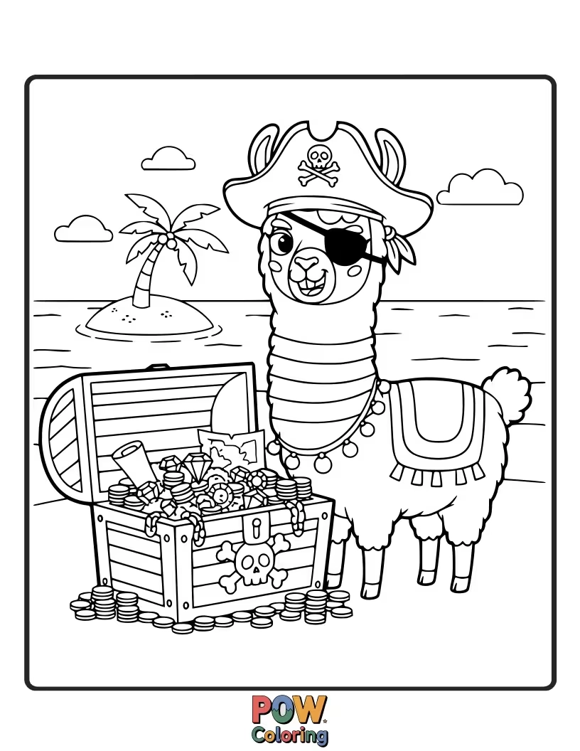 Free coloring page of A proud llama pirate with a colorful sash, posing beside a small pile of shiny rocks.
