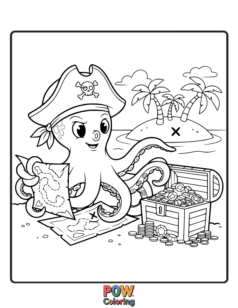 Free coloring page of A swashbuckling octopus with an eyepatch and pirate hat, searching for buried treasure chests on the seabed.