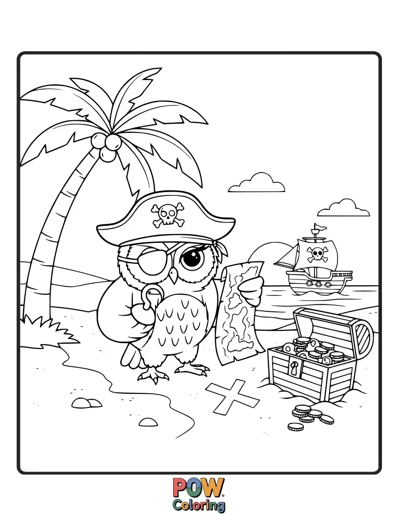 Free coloring page of A swashbuckling owl with an eyepatch and a pirate hat, guarding a treasure chest.