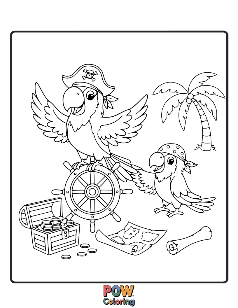 Free coloring page of A goofy pirate shares a funny joke with his feathered best friend, who's wearing a tiny hat.
