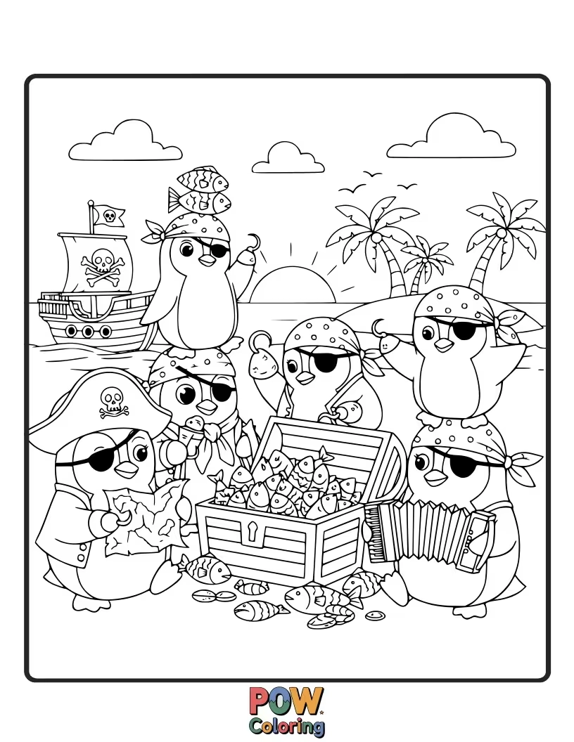 Free coloring page of A group of dapper penguins wearing pirate hats, waddling together with a celebratory air.