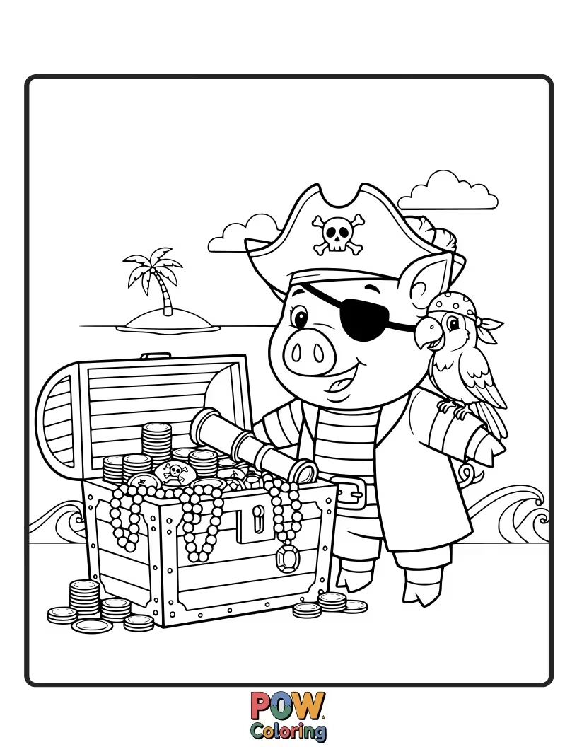 Free coloring page of A plump pirate pig happily counting a pile of muddy truffles, mistaking them for gold.
