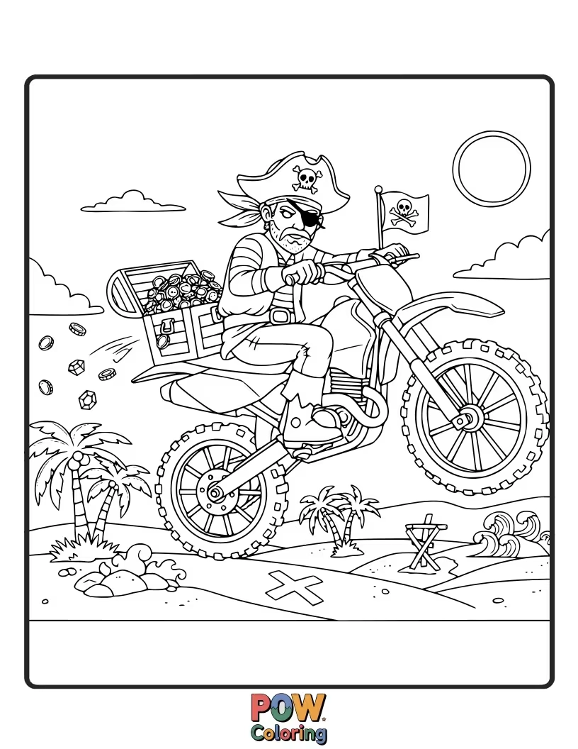 Free coloring page of A weathered dirt bike adorned with pirate flags, navigating a treasure island path.