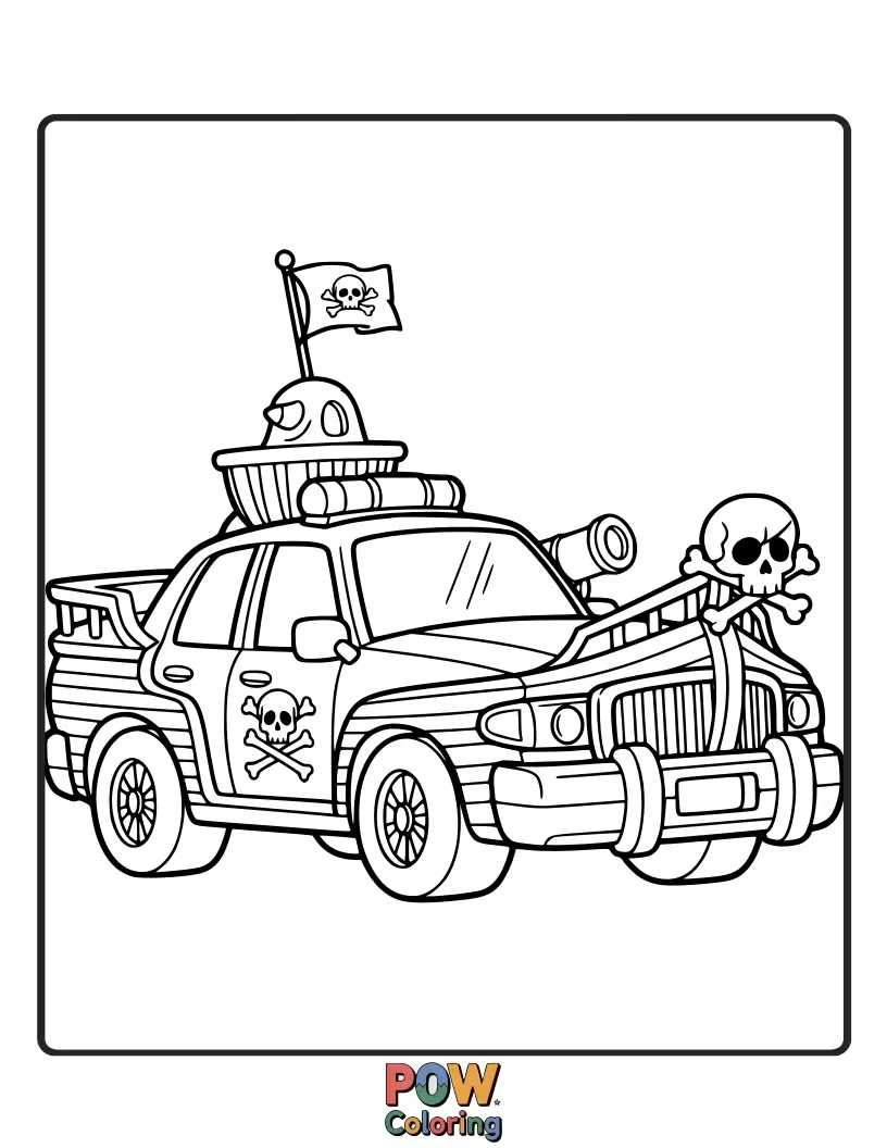 Free coloring page of Pirate police car, seeks buried treasure of justice and keeps the streets safe from buccaneers!