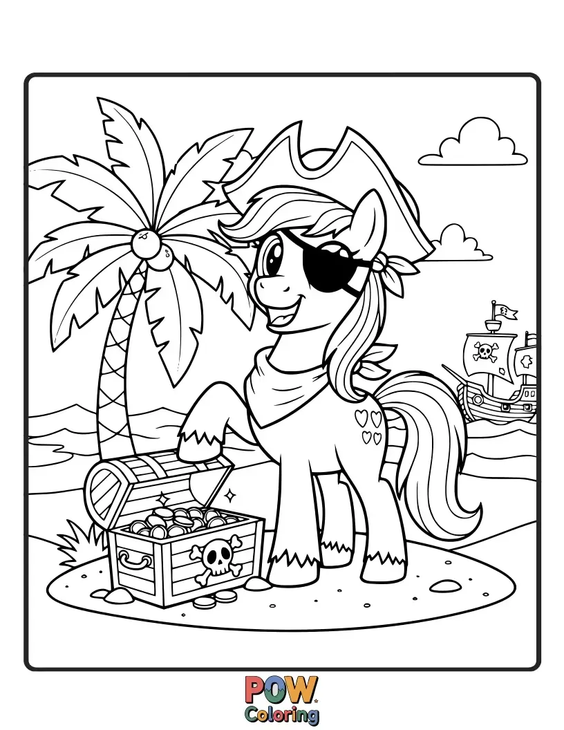 Free coloring page of A mischievous horse with an eyepatch and bandana, holding a treasure map on a sandy beach.